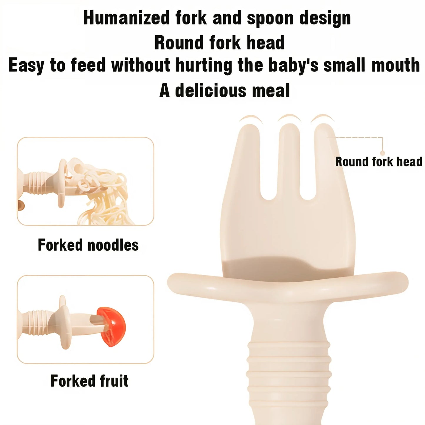 Infant cutlery set, silicone spoon and fork with comfortable wooden grips for babies