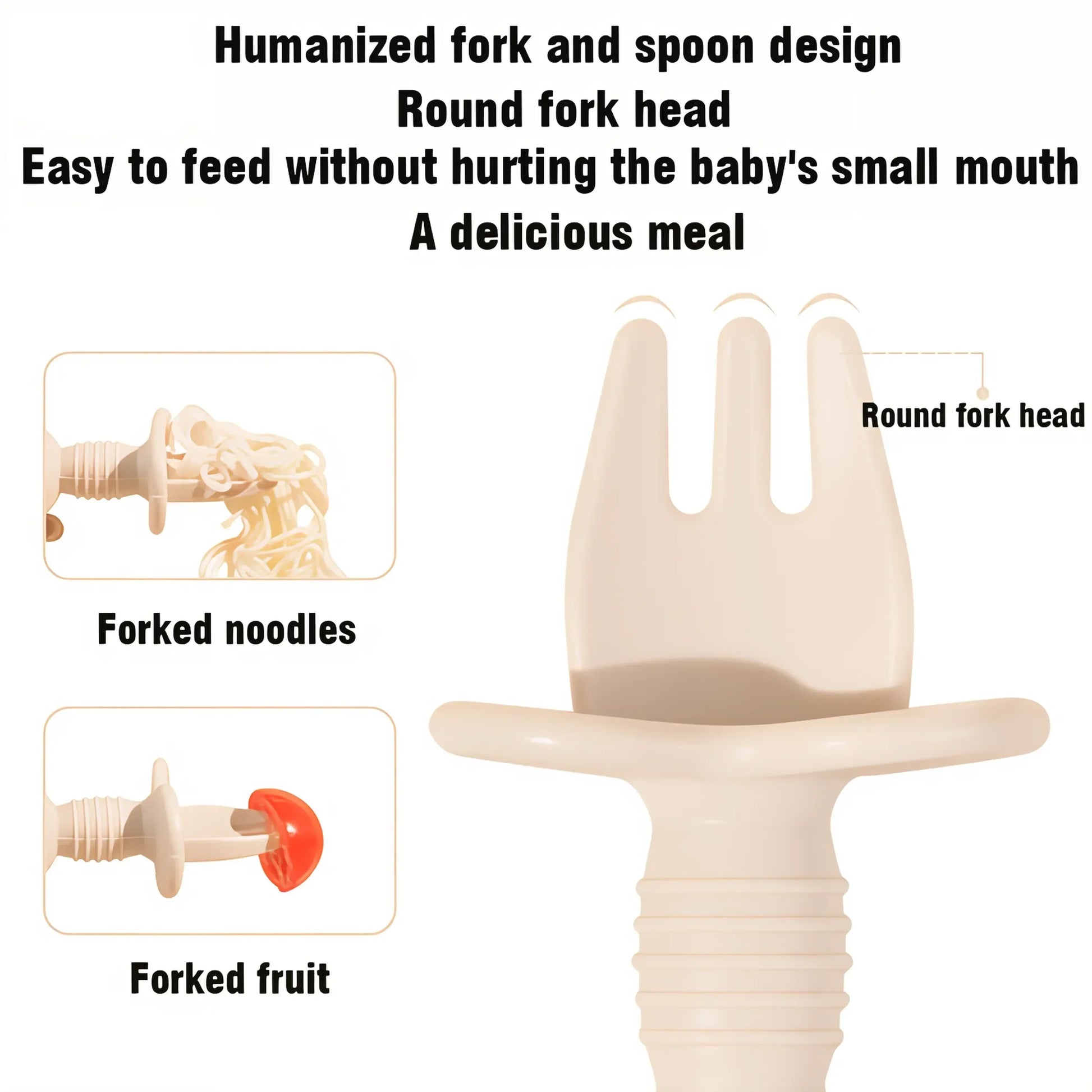 Infant cutlery set, silicone spoon and fork with comfortable wooden grips for babies