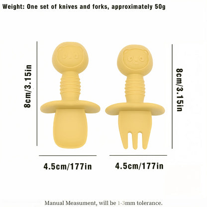 Self-feeding baby spoon & fork with durable silicone heads and smooth wooden handles