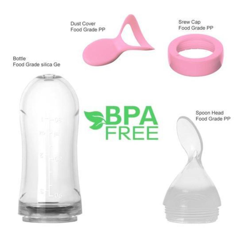 On-the-go infant feeding squeeze bottle with soft spoon for baby purees, easy mealtime solution