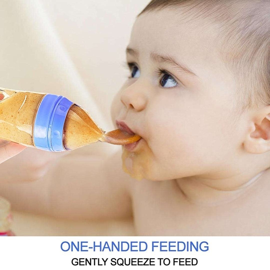 BPA-free baby squeeze feeder with silicone spoon, perfect for cereals and baby's first foods