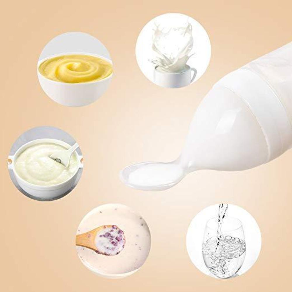 Toddler utensil: portable squeeze feeding bottle with spoon for purees, convenient for travel