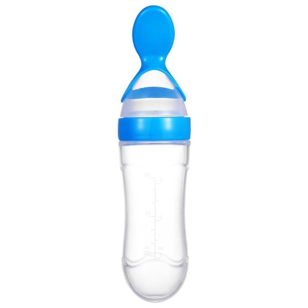 Baby feeding squeeze bottle with attached silicone spoon, designed for easy infant mealtime