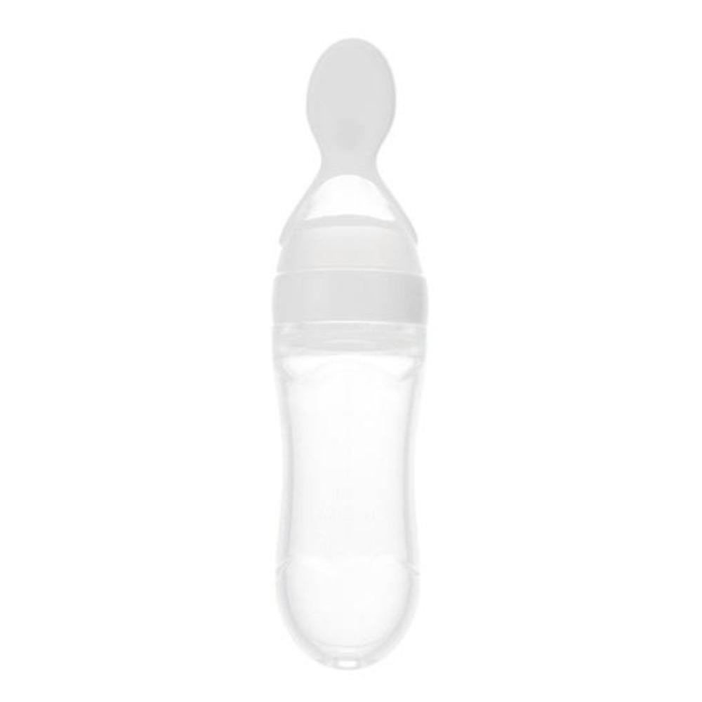 Compact baby puree feeder bottle with silicone spoon, an ideal on-the-go feeding accessory