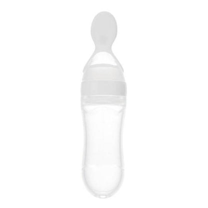 Compact baby puree feeder bottle with silicone spoon, an ideal on-the-go feeding accessory