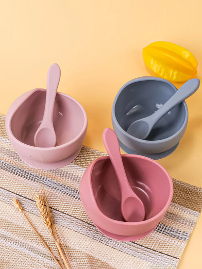 Baby silicone suction bowl set in blue for infant feeding, toddler eating, BPA free