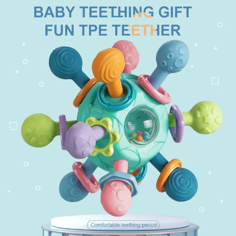 Green baby silicone teether grip ball with textured surface, ideal for infant oral development.