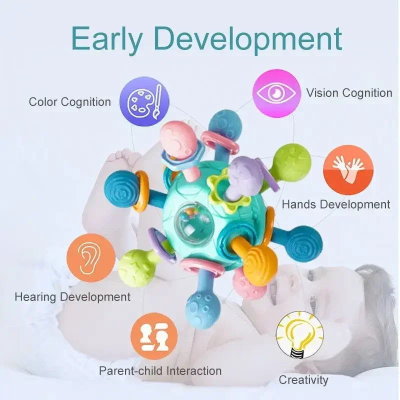 Collection of colorful baby silicone teether grip balls, BPA-free, infant teething toys.
