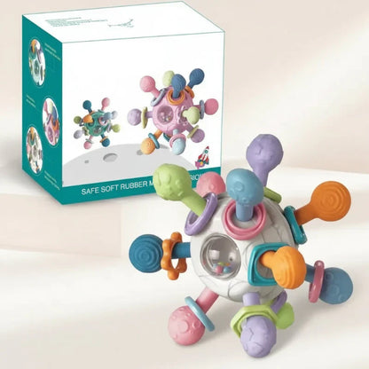 Ergonomic baby silicone teether grip ball, designed for easy holding and developmental play.