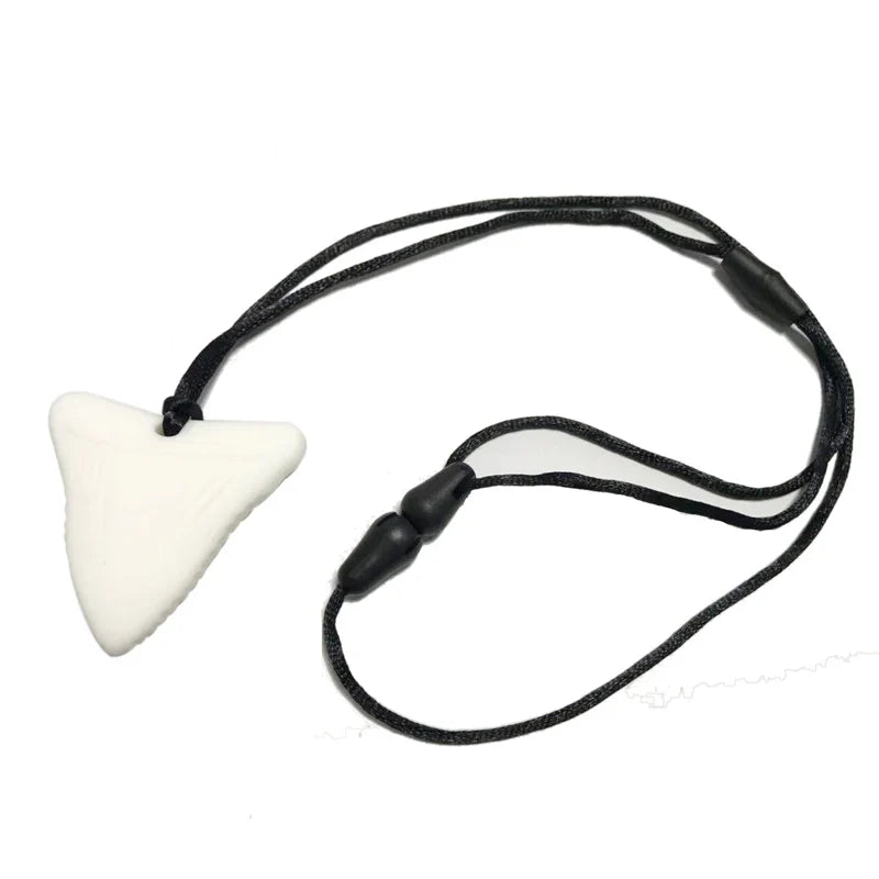 Baby silicone teether necklace worn by a parent, offering an accessible chew toy for teething babies.