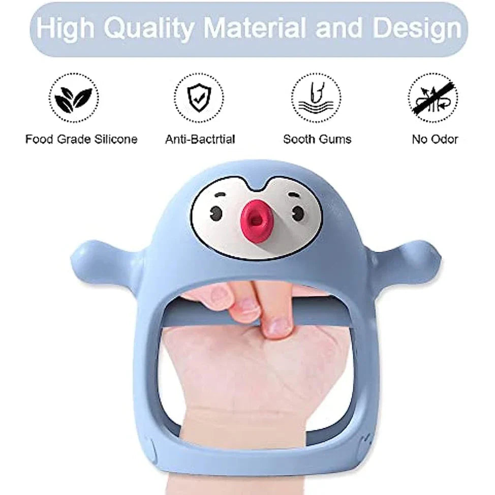 Textured silicone baby teether designed to stimulate motor skills and provide gum relief