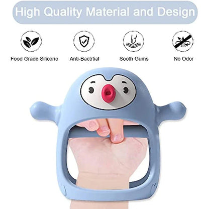 Textured silicone baby teether designed to stimulate motor skills and provide gum relief