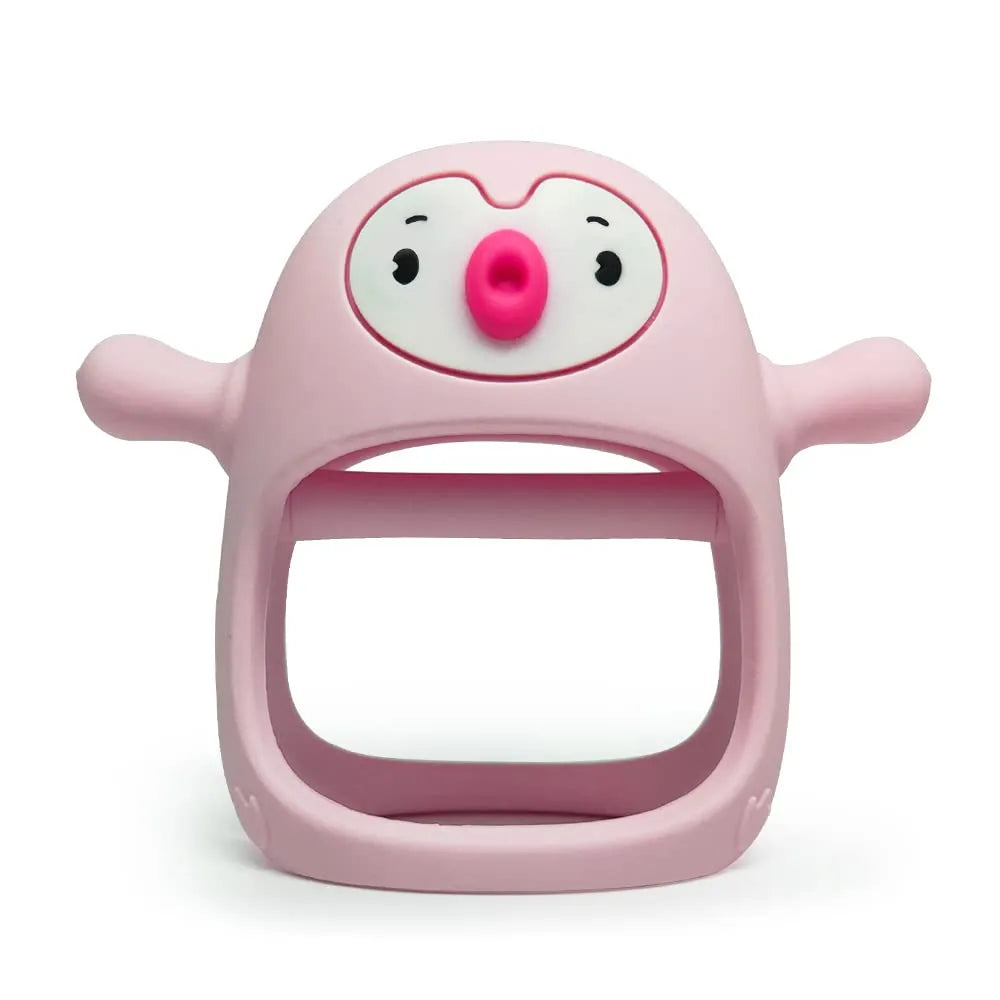 Baby pacifier-like silicone teether, offering gentle gum massage and developmental benefits