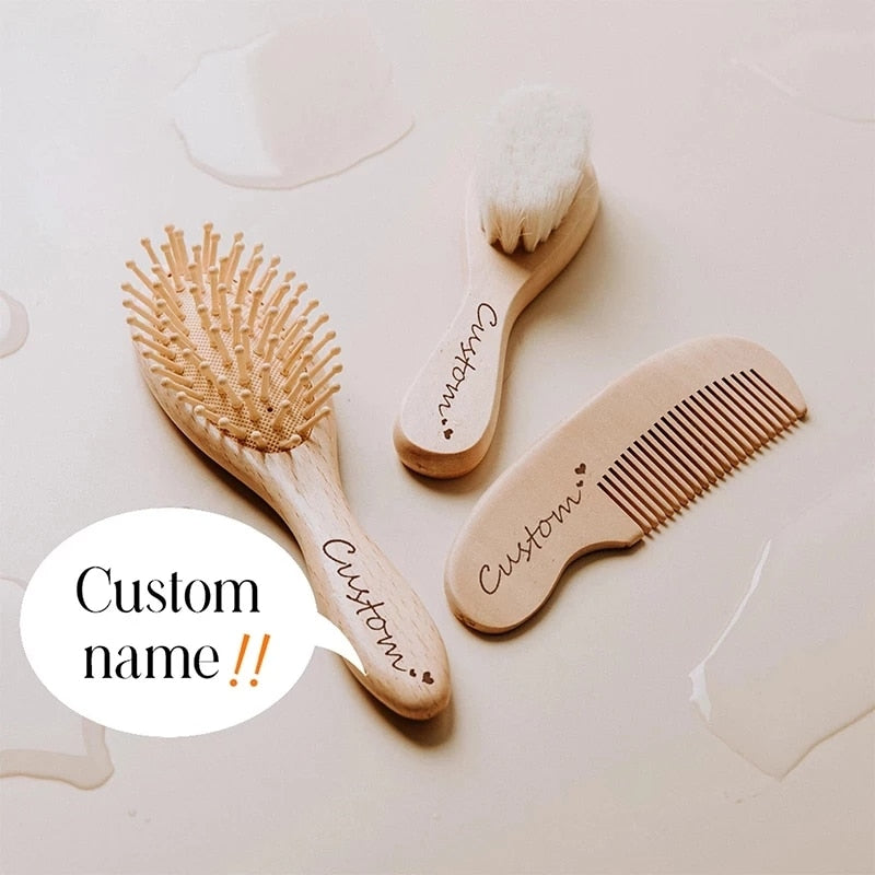 Baby wooden hair brush with ergonomic grip, ideal for new parents, promotes healthy hair growth