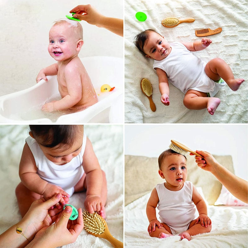 Natural wood baby comb, safely designed for detangling and styling the finest newborn hair