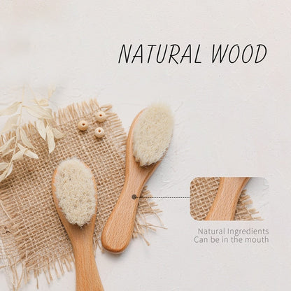 Infant grooming set, includes wooden hair brush for soft baby hair and a gentle wooden comb