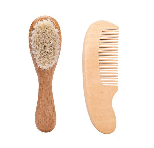 Complete baby hair care set: wooden comb and goat hair brush for delicate infant grooming needs