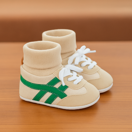 Baby Soft Cotton Warm Ankle Hugging First Walker Shoes for infants, anti-slip sole for safe steps.