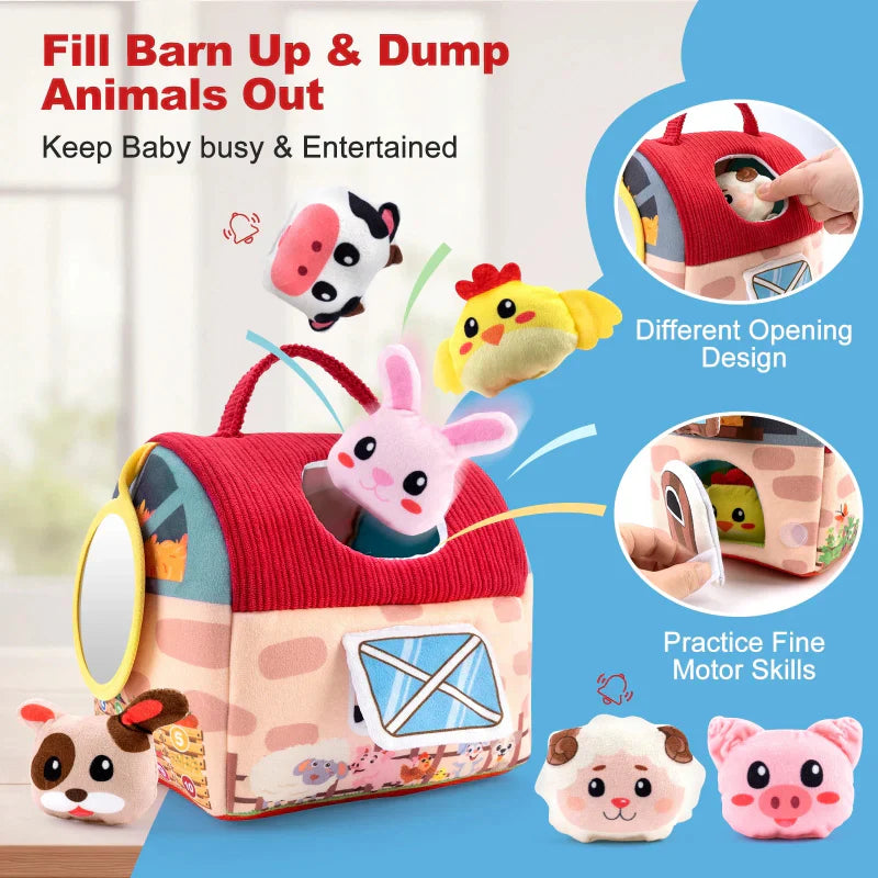 Plush farm animal playset with a soft tissue box-style house, a perfect educational toy for babies.