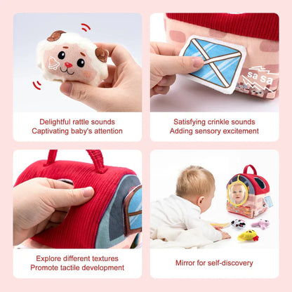 Cotton soft farmhouse baby toy with five removable plush animals, ideal for developing motor skills.