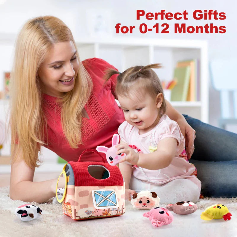 Educational baby soft toy: a farmhouse with crinkly, squeaky plush animals for sensory exploration.