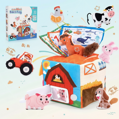 Baby soft plush farm animal toy set with a cozy farmhouse carrier, perfect for portable fun & learning.