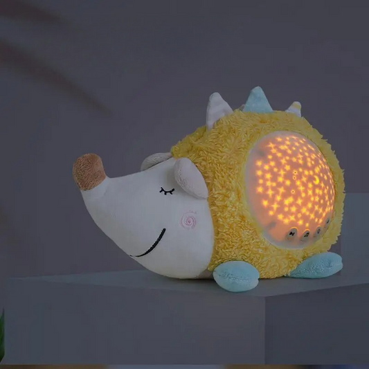 Baby soothing hedgehog projector plush toy with stars and moon light, playing gentle music for sleep aid in nursery.