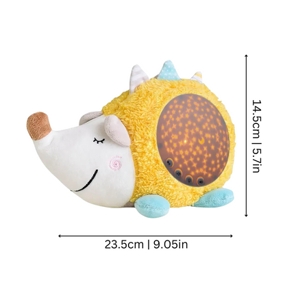 Cute hedgehog crib toy with built-in night light projector and soothing sounds, perfect baby gift to help sleep.