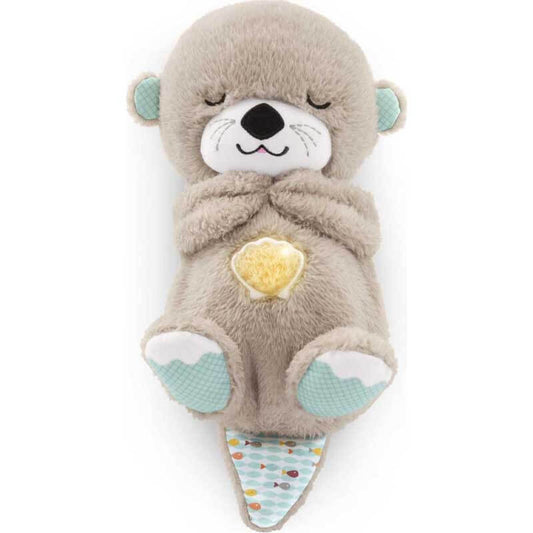Baby soothing otter plush with rhythmic breathing motion, eyes closed, on a soft blanket