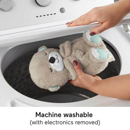 Full view of baby otter plush with rhythmic breathing, ideal infant comfort and sleep aid