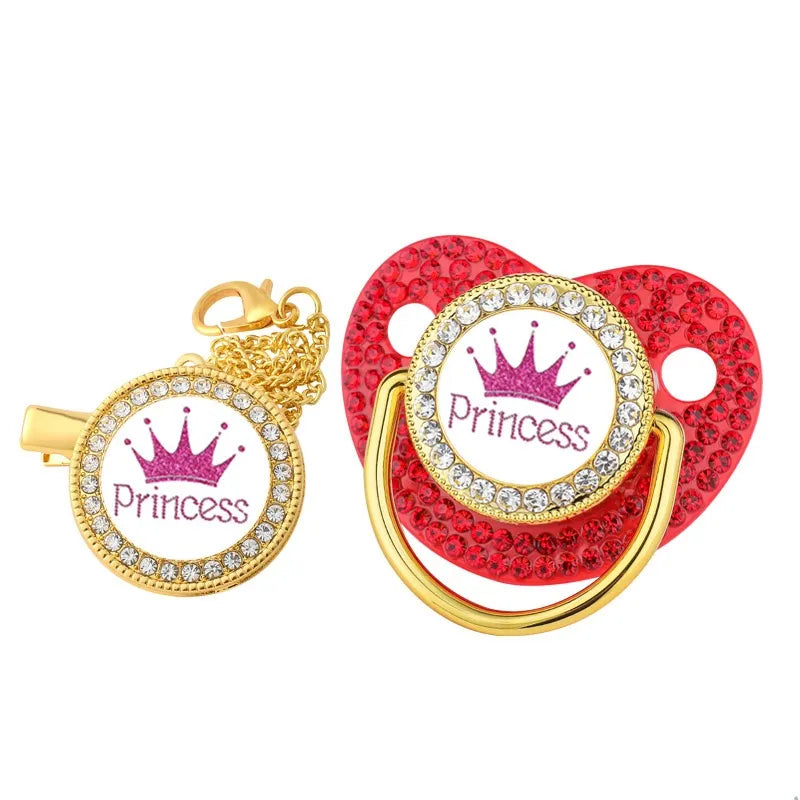 Baby Sparkle Pacifier Clip Set with pink BPA-free silicone soother and rhinestones for infant comfort