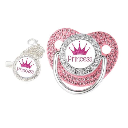 Full view of pink sparkle pacifier clip and BPA-free silicone soother set, a must-have baby accessory