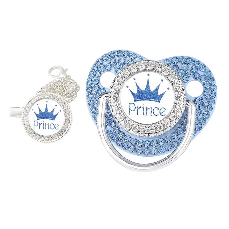 Rhinstone-embellished pacifier clip paired with a safe, BPA-free silicone soother for babies