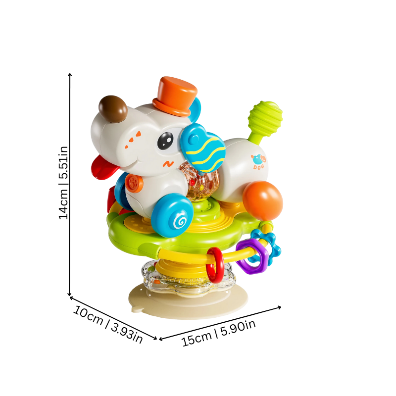 Close-up of vibrant baby spinning toy, rattle beads & texture for sensory development, secure highchair toy