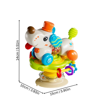 Close-up of vibrant baby spinning toy, rattle beads & texture for sensory development, secure highchair toy