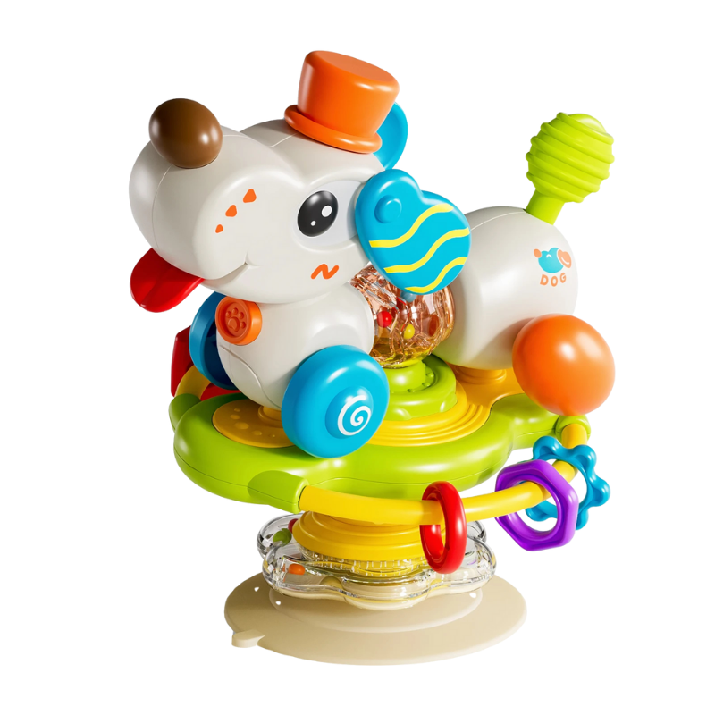 Toddler playing with suction base spinning toy on highchair tray, promotes fine motor skills & entertainment