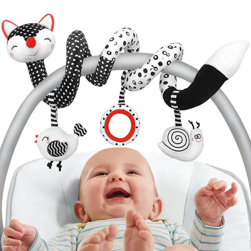 Baby spiral car seat toy, multicolored plush, for infant sensory development & pram activity