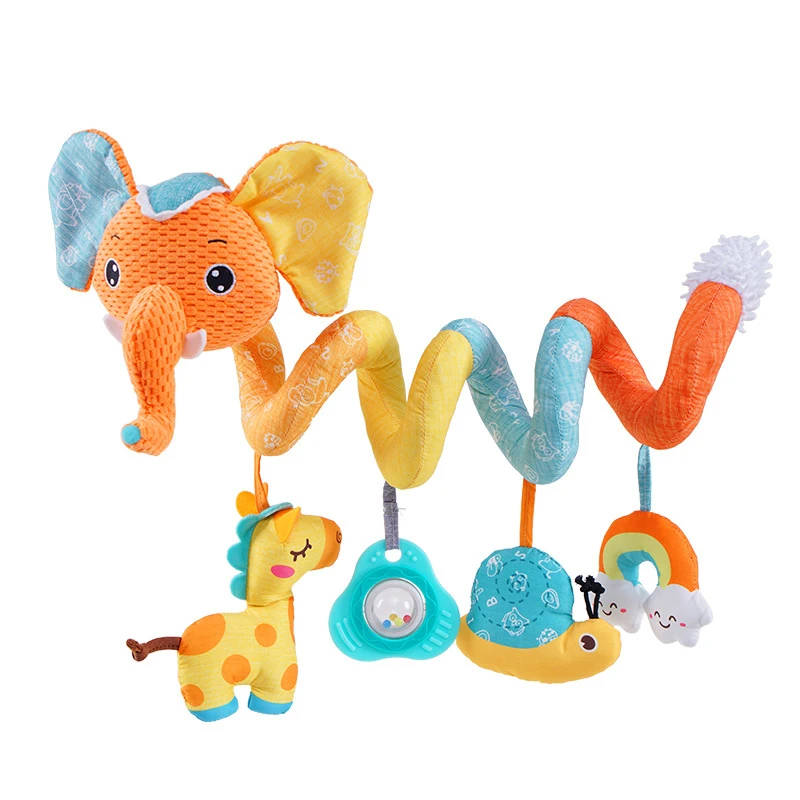Infant sensory spiral toy, featuring crinkles and squeakers, attaches to various baby gear