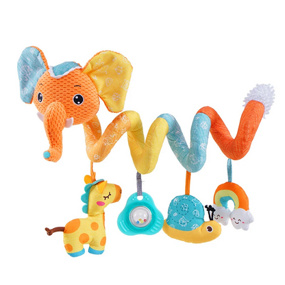 Infant sensory spiral toy, featuring crinkles and squeakers, attaches to various baby gear