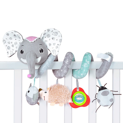 Developmental spiral baby toy, plush and gentle, for crib, car seat, and stroller attachment
