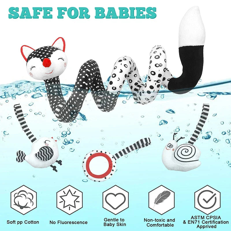 Soft spiral baby toy wrapping around car seat handle, engaging newborn with vibrant colors