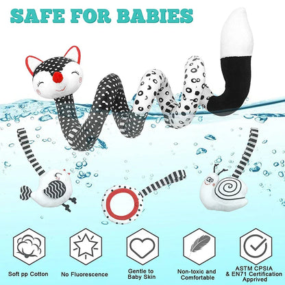 Soft spiral baby toy wrapping around car seat handle, engaging newborn with vibrant colors