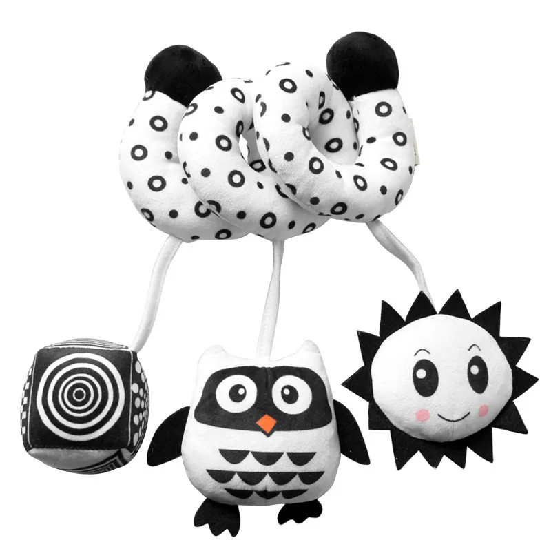 Infant spiral sensory toy, with varied textures and sounds, attaches to baby gear