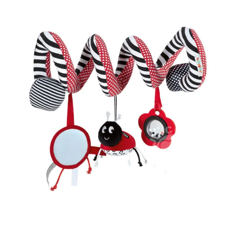Soft and colorful spiral toy, designed to attach to car seats, prams, and bassinets