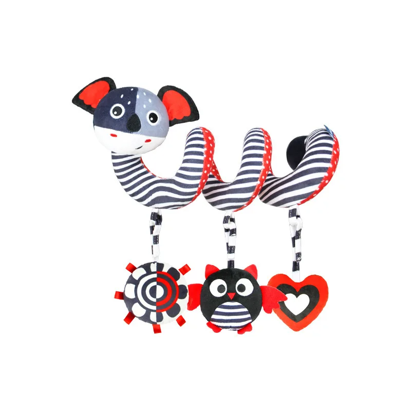 Pram spiral toy, with hanging mirrors and teethers, provides multi-sensory experience