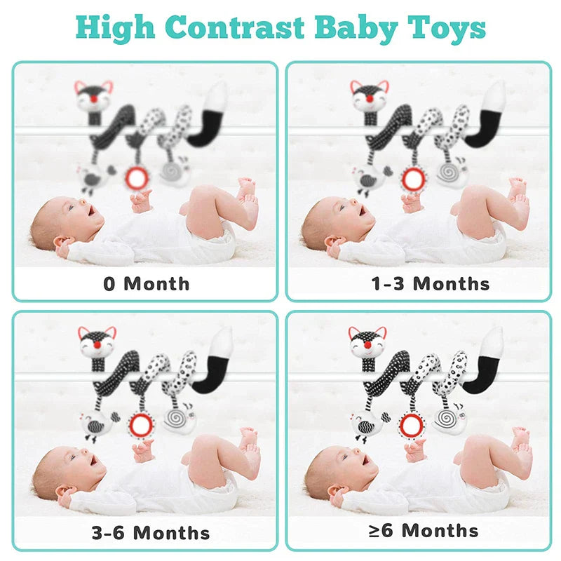 Pram activity spiral toy with hanging rattles, perfect for infant's tactile and auditory senses