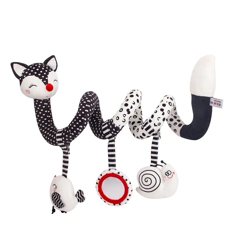 Plush spiral toy with hanging star and animal, provides sensory engagement for infants