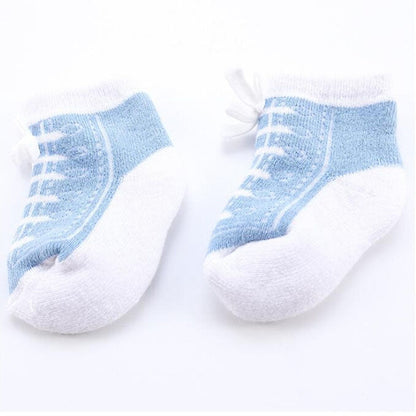 Assortment of unisex baby sports shoe design socks, various colors, elasticated for comfort