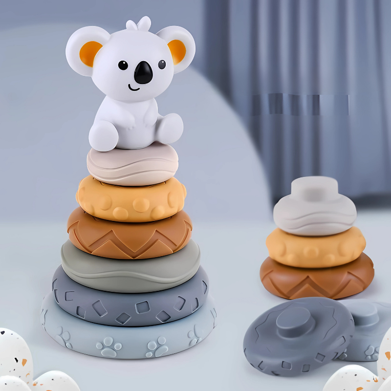 Baby stacking toy set with colorful soft silicone rings and blocks for early development and sensory play