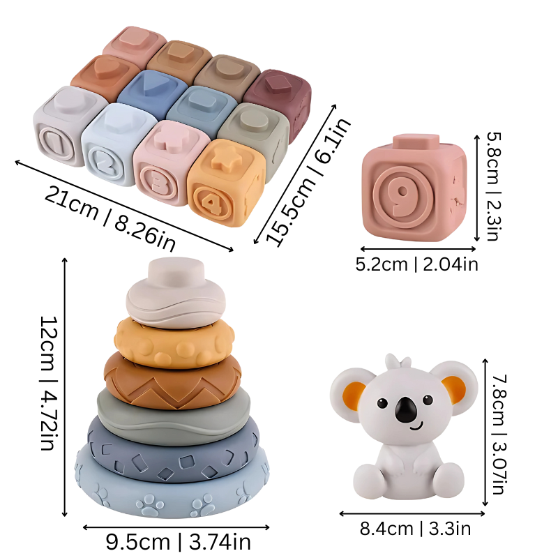 Toddler educational stacking toy with BPA-free silicone rings and textured blocks for teething and play